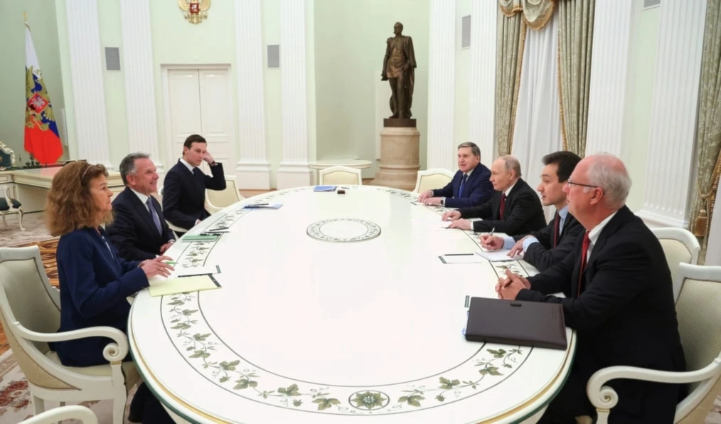 Russian President Vladimir Putin and his delegation attend talks with US special envoy Steve Witkoff, second left, and Jared Kushner in Moscow, Russia, Tuesday, Dec. 2, 2025. (AP)