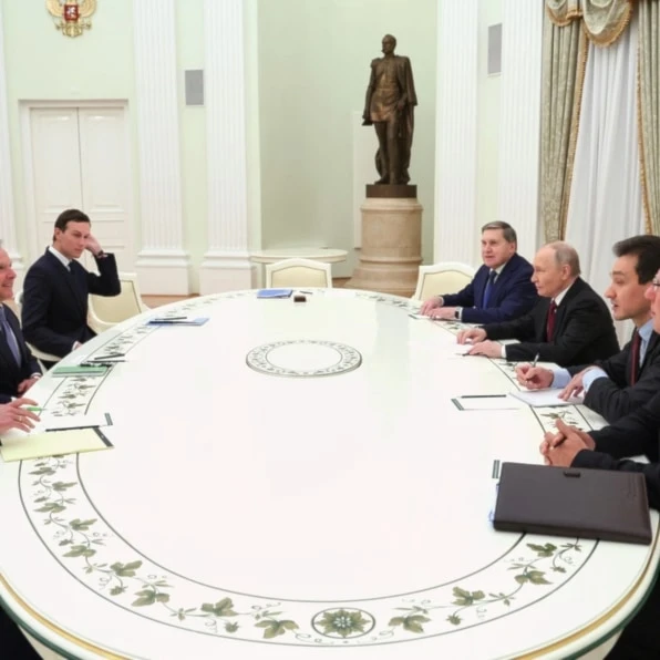 Russian President Vladimir Putin and his delegation attend talks with US special envoy Steve Witkoff, second left, and Jared Kushner in Moscow, Russia, Tuesday, Dec. 2, 2025. (AP)