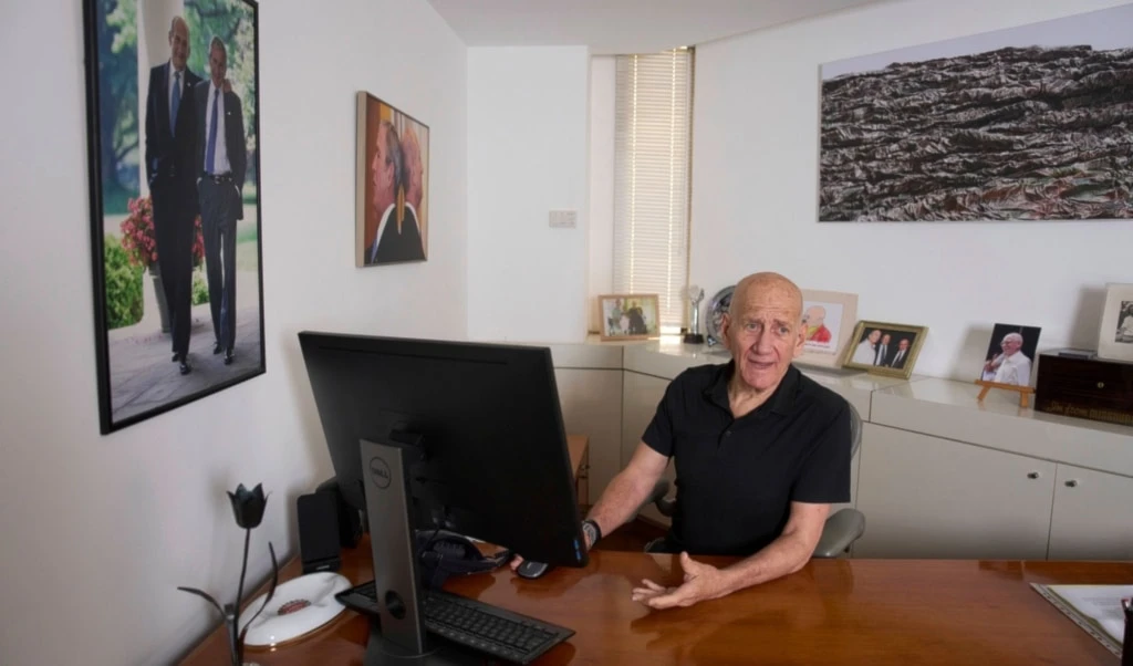 Former Israeli Prime Minister Ehud Olmert, during an interview with The Associated Press in his office in Occupied Jaffa, Palestine, Thursday, May 22, 2025. (AP Photo/Ariel Schalit)
