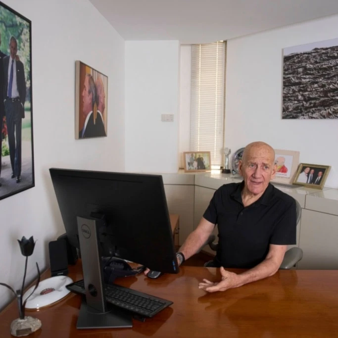 Former Israeli Prime Minister Ehud Olmert, during an interview with The Associated Press in his office in Occupied Jaffa, Palestine, Thursday, May 22, 2025. (AP Photo/Ariel Schalit)