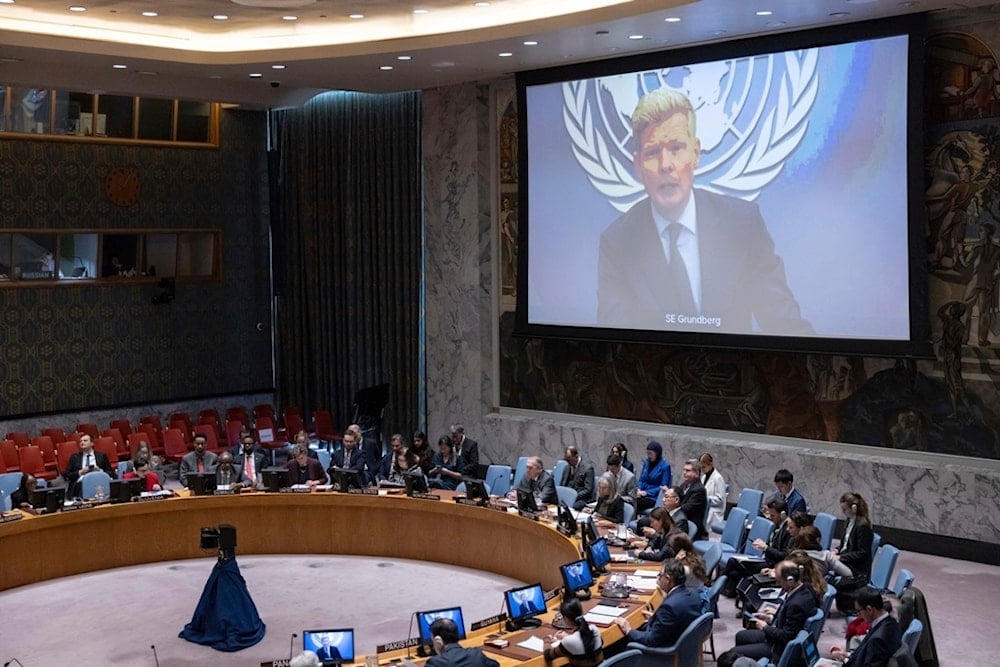 A display shows the special Envoy of the Secretary-General for Yemen Hans Grundberg speaks during a Security Council meeting at the United Nations headquarters, Wednesday, January 15, 2025. (AP Photo/Yuki Iwamura)