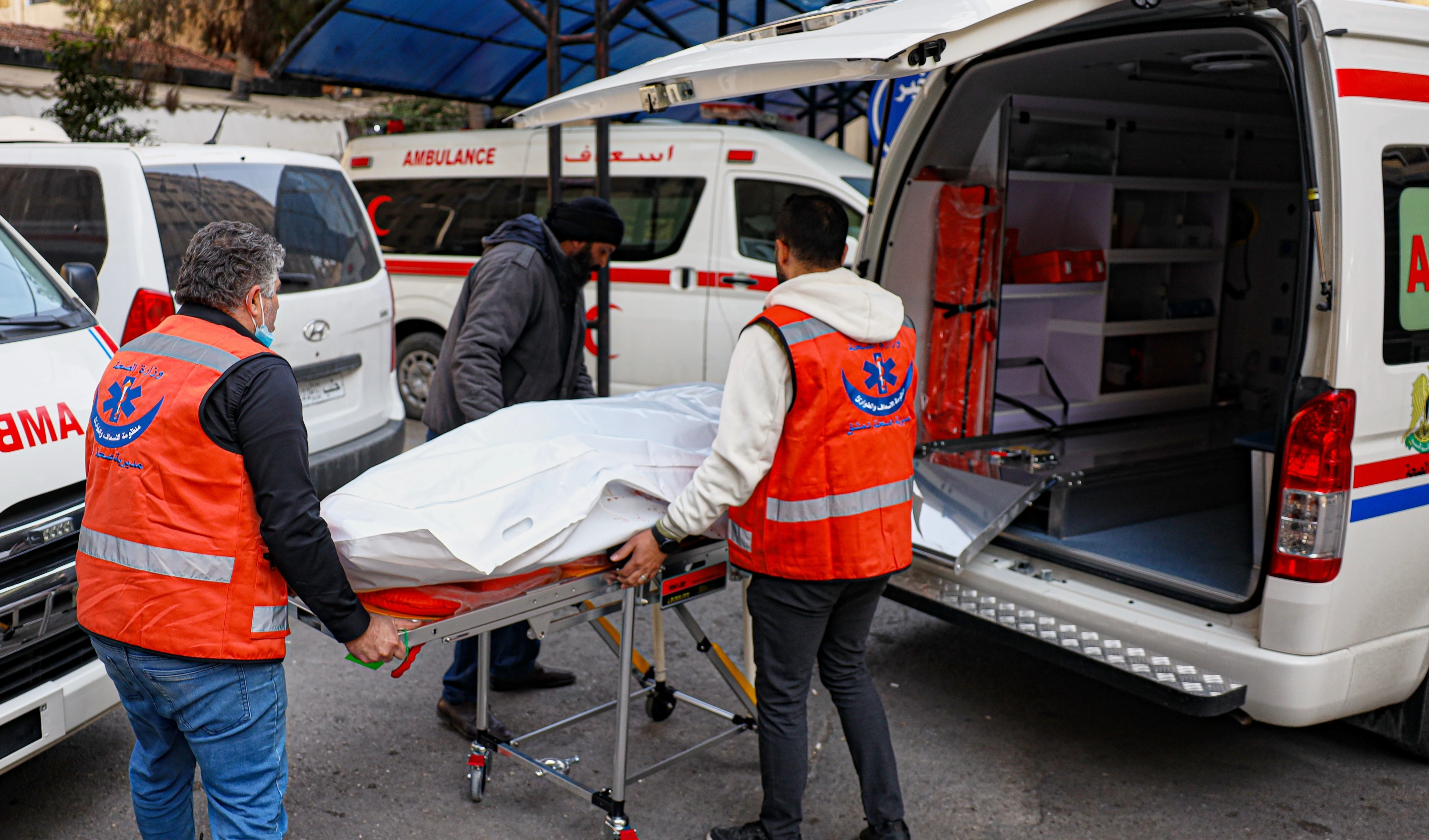 The body of one of the victims of an Israeli forces raid in the southern Syrian village of Beit Jin is brought to Al-Mowasat Hospital in Damascus, Friday, Nov. 28, 2025 (AP)