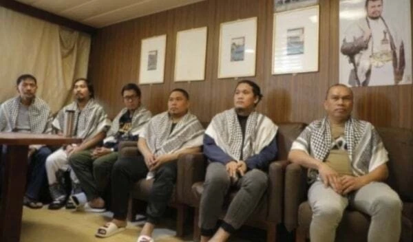 The crew of the Eternity C ship as they were being released by Ansar Allah, Sanaa, Yemen, December 3, 2025 (social media)