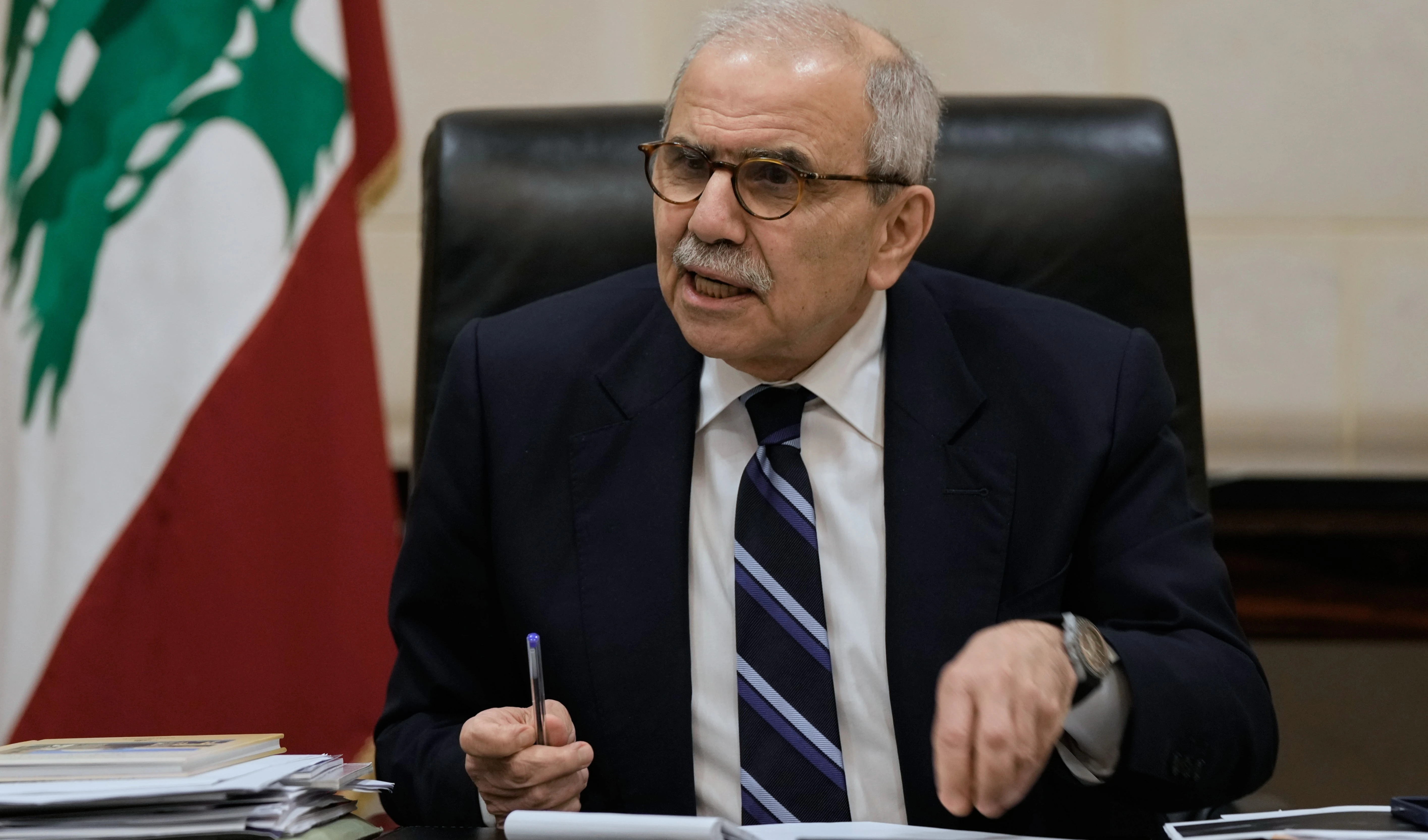 Lebanese Prime Minister Nawaf Salam speaks to journalists working for foreign media and news agencies at the government palace in Beirut, Wednesday, Dec. 3, 2025 (AP)