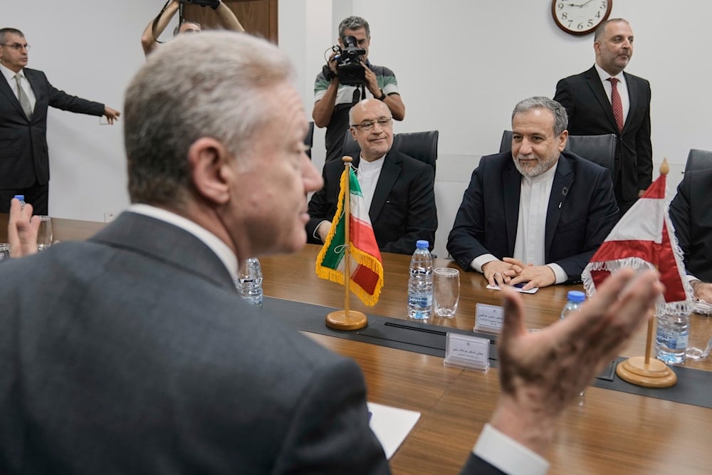 Lebanese Foreign Minister Youssef Rajji, foreground, meets with his Iranian counterpart Abbas Araghchi, right, in Beirut, Lebanon, Tuesday, June 3, 2025 (AP)