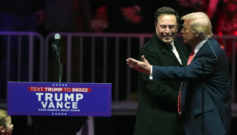 Elon Musk arrives in the dais with President-elect Donald Trump, at a rally ahead of the 60th Presidential inauguration, Sunday, January 19, 2025, Washington. (AP)