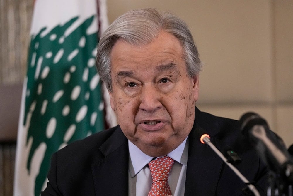 United Nations Secretary-General Antonio Guterres speaks during a press conference in Beirut, Lebanon, Saturday, Jan. 18, 2025. (AP Photo/Hassan Ammar)