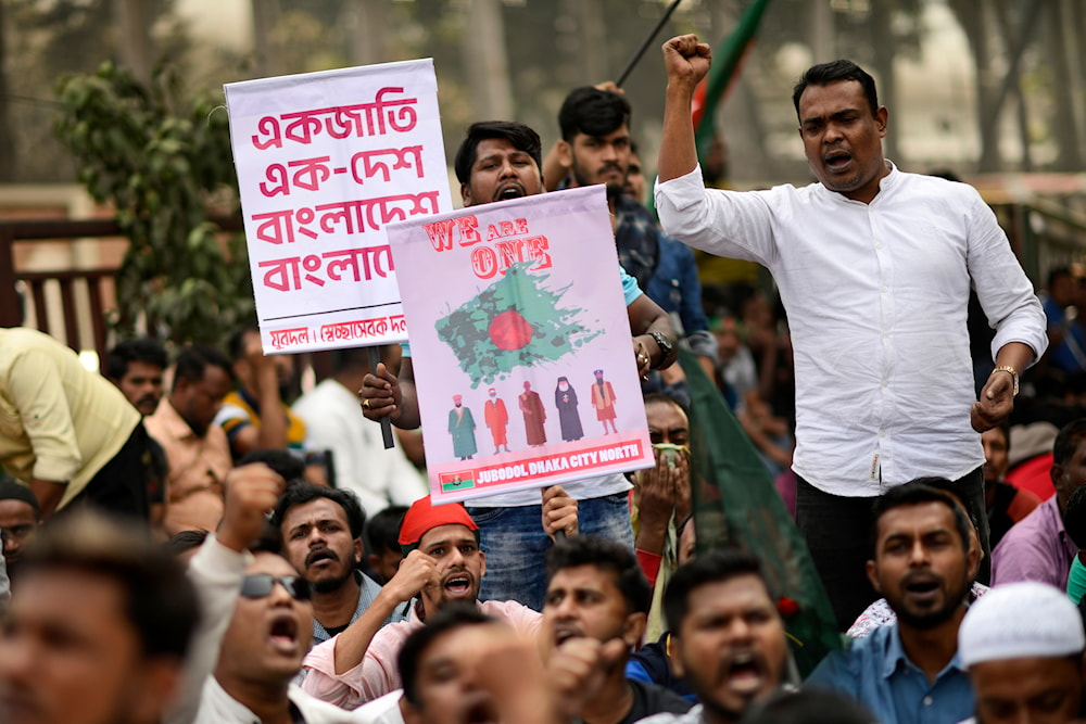 Supporters of Bangladesh's former Prime Minister Khaleda Zia and her Bangladesh Nationalist Party (BNP) shout slogans during an anti-India protest outside the Indian High Commission in Dhaka, Bangladesh December 8, 2024. (AP)