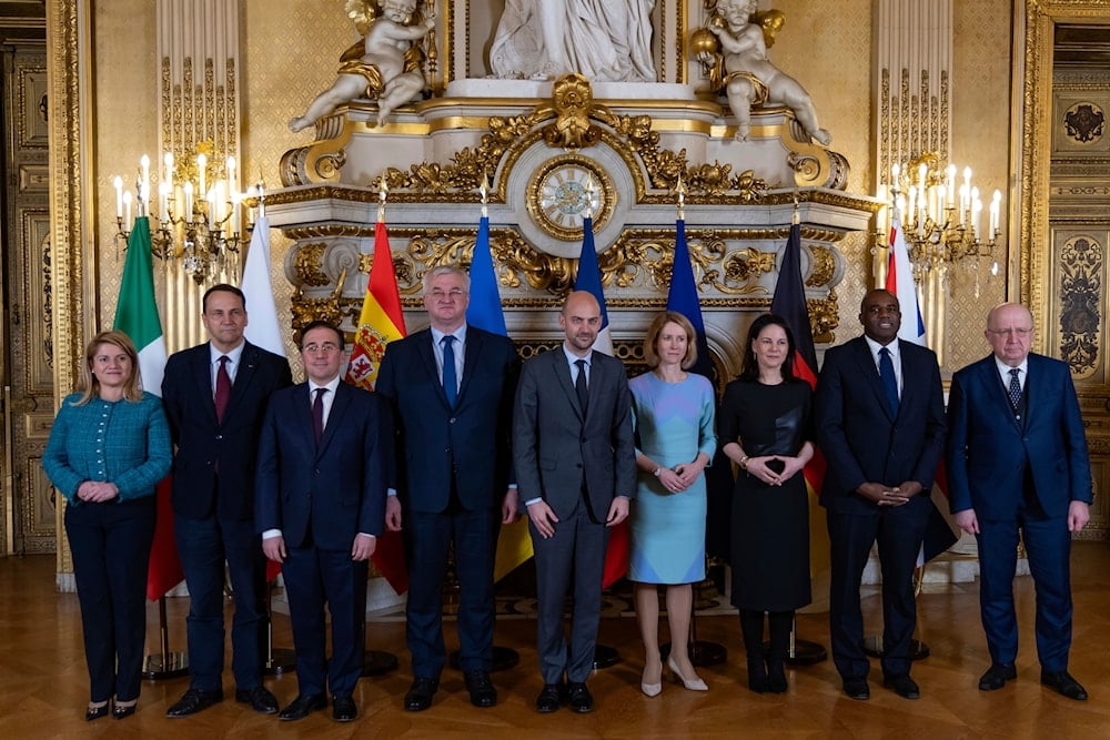 European officials pose for a group photo during a meeting on European defense and Ukraine at the Quai d'Orsay in Paris, Wednesday, Feb. 12, 2025. (AP)