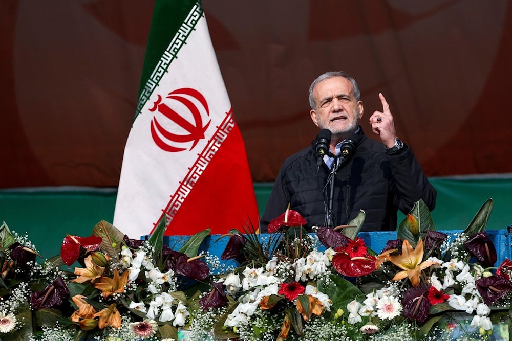 resident Masoud Pezeshkian speaks during a rally commemorating anniversary of 1979 Islamic Revolution, Feb. 10, 2025 (AP)