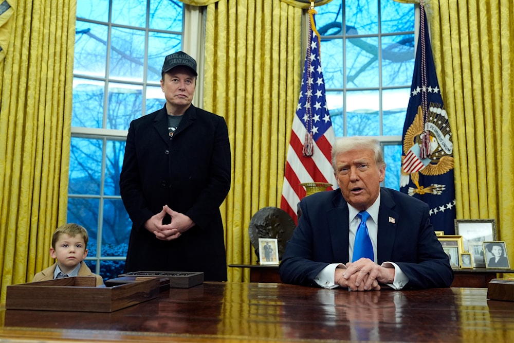 President Donald Trump speaks as he is joined by Elon Musk, and his son X Æ A-Xii, in the Oval Office at the White House, Tuesday, Feb. 11, 2025, in Washington. (AP)