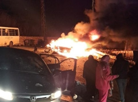 A burning car after being targeted by an Israeli drone on the Jarjouh road, southern Lebanon (social media)