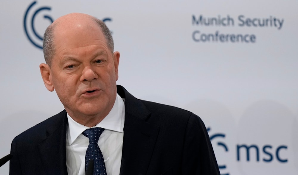 Germany's Chancellor Olaf Scholz speaks during the Munich Security Conference at the Bayerischer Hof Hotel in Munich, Germany, Saturday, Feb. 15, 2025. (AP)