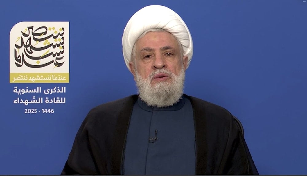 Hezbollah Secretary-General Sheikh Naim Qassem during a public speech commemorating Hezbollah's martyred leaders on February 16, 2025 (Al Mayadeen screengrab)