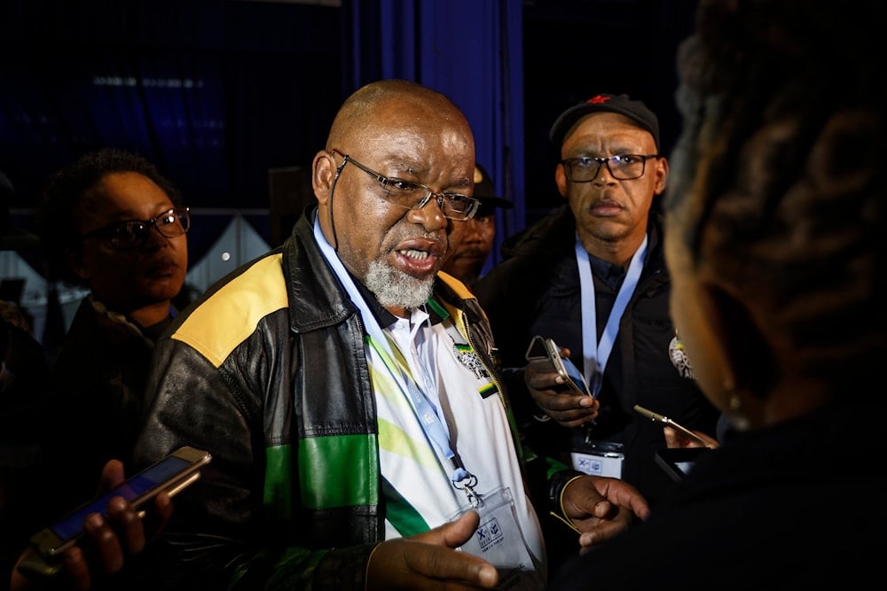 Gwede Mantashe, Minister of Minerals and Petroleum Resources of South Africa, speaks to the media at the Independent Electoral Commission Results Center, May 9, 2019 (AP)