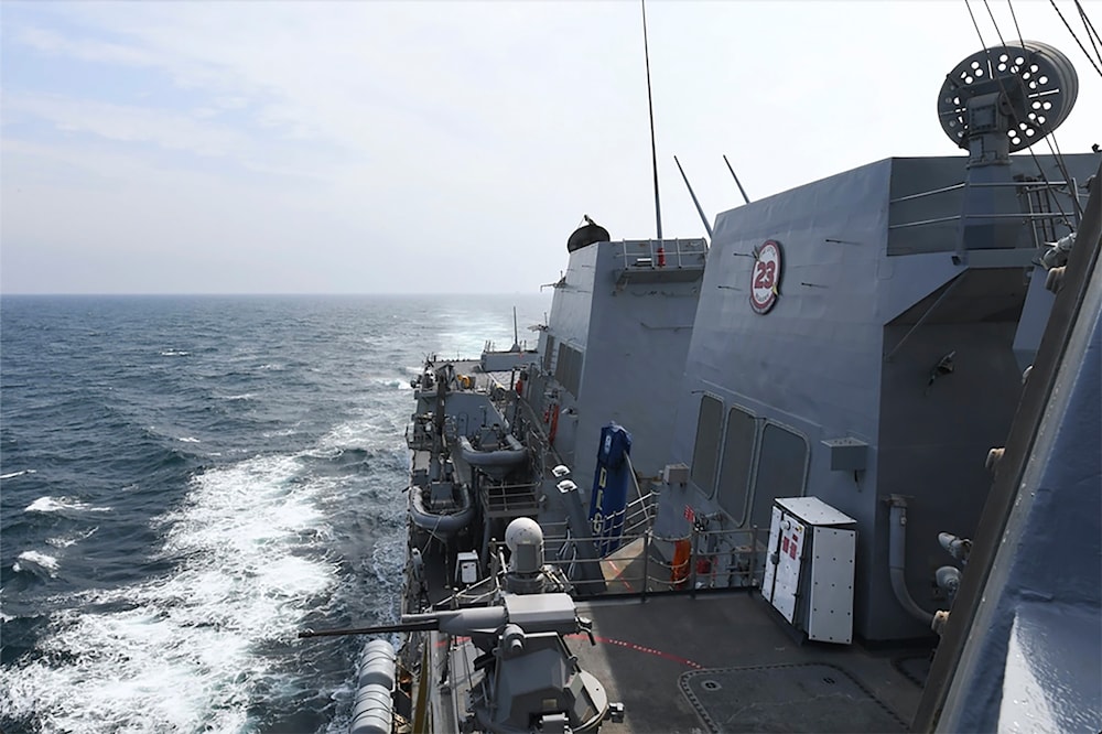 U.S. Navy, the Arleigh Burke-class guided-missile destroyer USS Halsey (DDG 97) conducts routine underway operations while transiting through the Taiwan Strait, Wednesday, May 8, 2024 (AP)