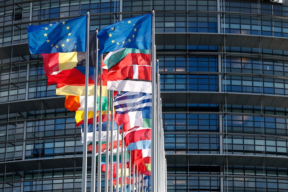 European flags fly outside the European Parliament, Tuesday, Feb.15, 2022 in Strasbourg, eastern France. (AP)