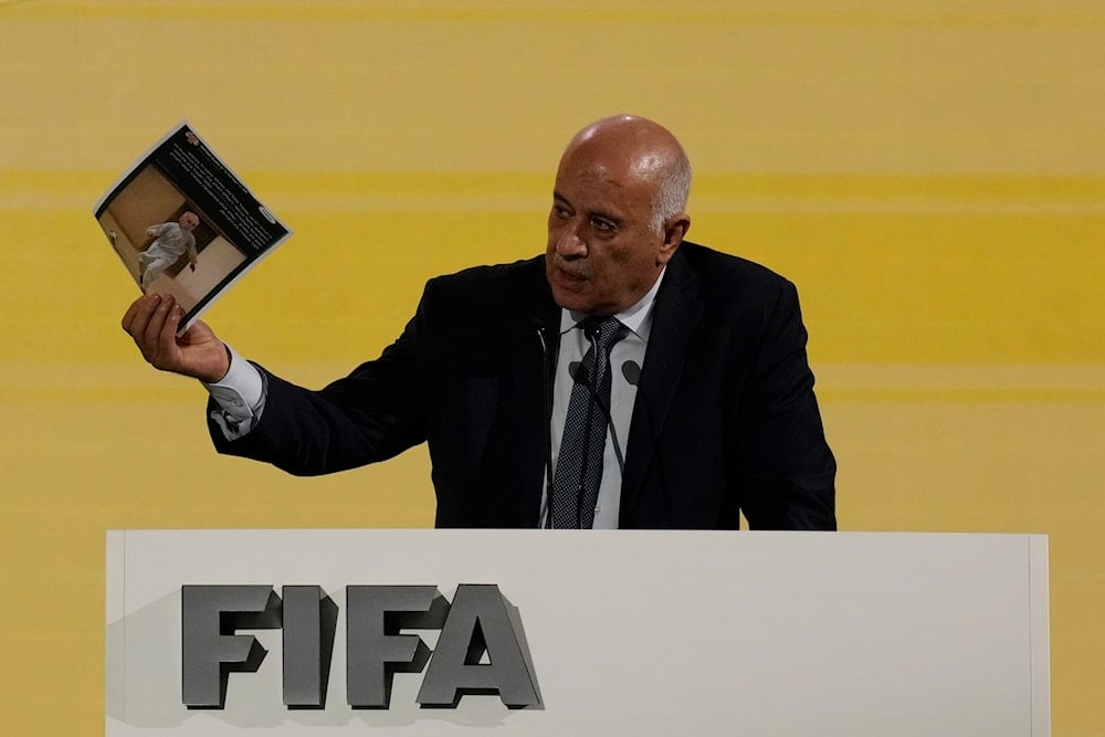 Palestinian Football Association leader Jibril Rajoub delivers his speech during the FIFA Congress in Bangkok, Thailand, Friday, May 17, 2024 (AP)