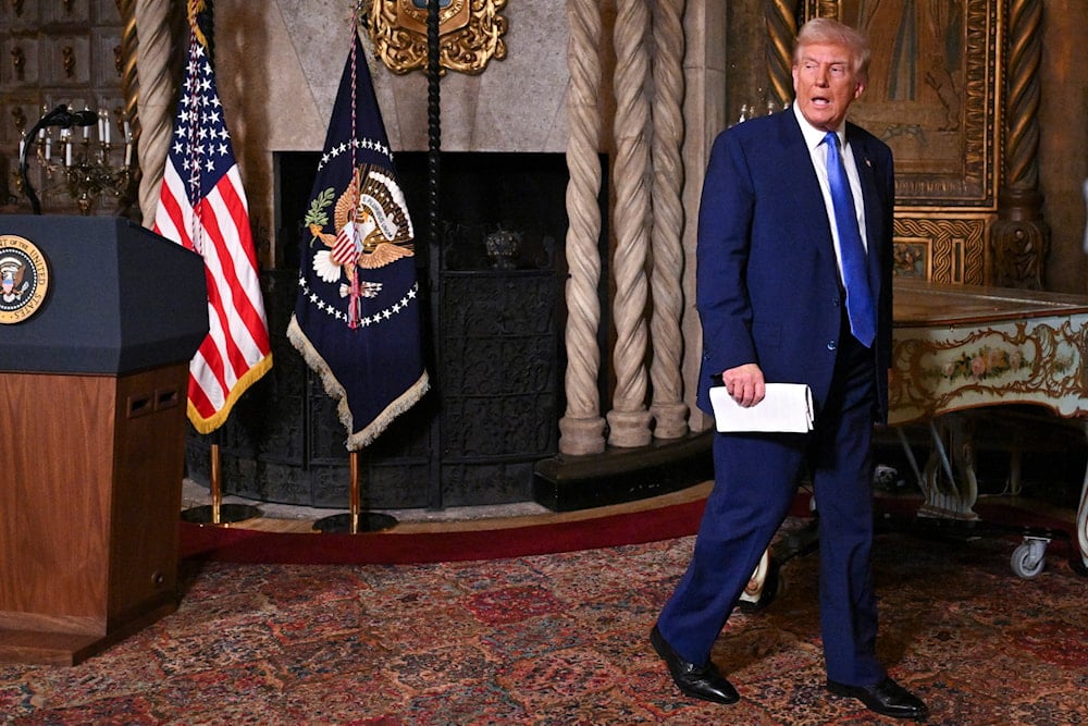 President Donald Trump departs after speaking at Mar-a-Lago in Palm Beach, Fla., Tuesday, Feb. 18, 2025 (AP)