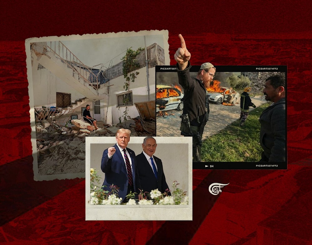 Settlements not only economically strangulate the Palestinian economy, but are now being enabled politically to eliminate Palestinians as Trump panders to the inbuilt ethos of Zionist supremacy. (Al Mayadeen English; Illustrated by Zeinab el-Hajj)