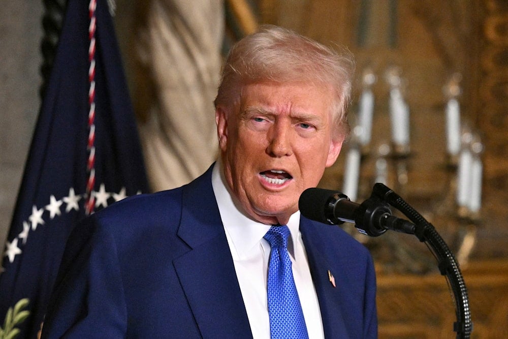 President Donald Trump speaks at Mar-a-Lago in Palm Beach, Fla., on February 18, 2025. (Pool via AP)