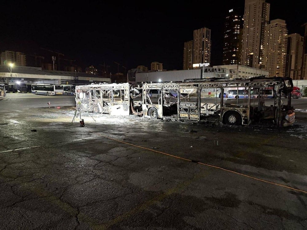 A bus in Tel Aviv, occupied Palestine, following an explosion after it was rigged with explosives, February 20, 2025 (social media)