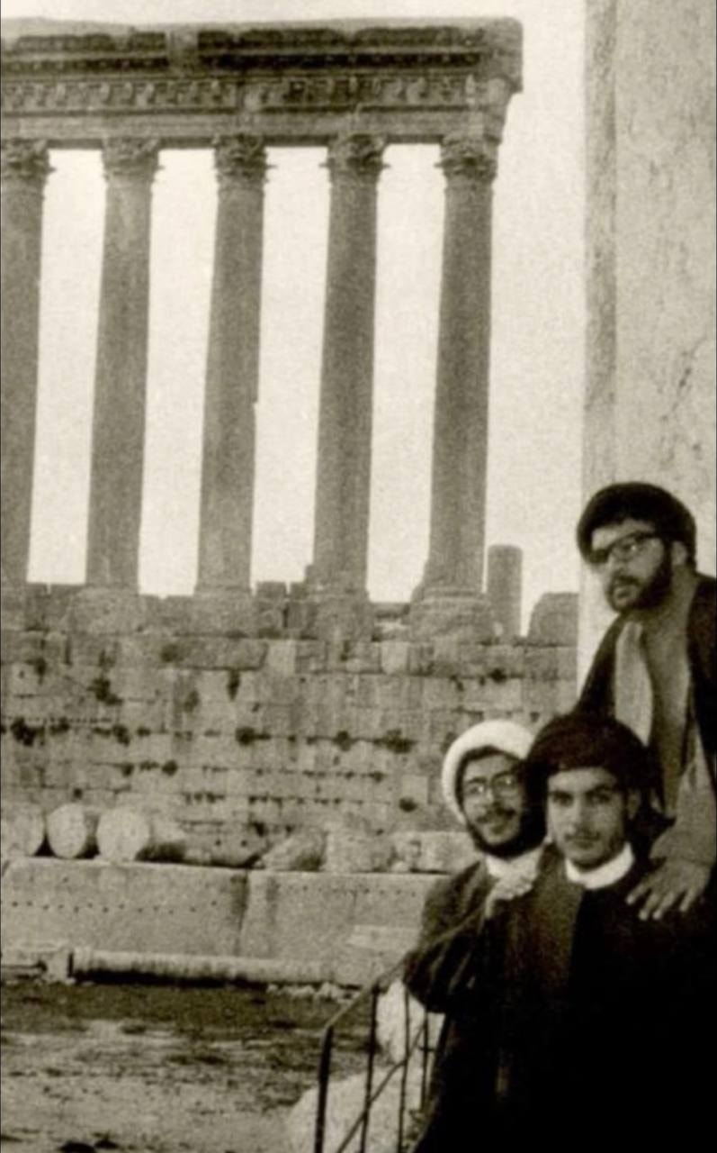 Sayyed Abbas al-Moussawi alongside Sayyed Hassan Nasrallah at the Baalbek ruins, Lebanon, in an undated photograph