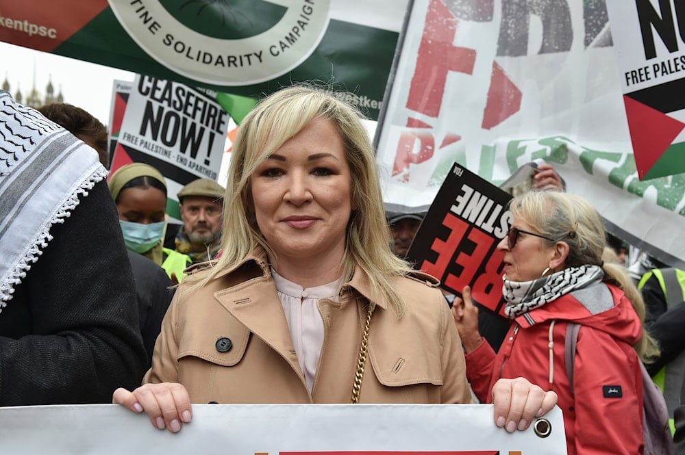 First Minister of Northern Ireland Michelle O'Neill takes part in a Pro-Palestine demonstration in London, Saturday, April 27, 2024.  (AP)