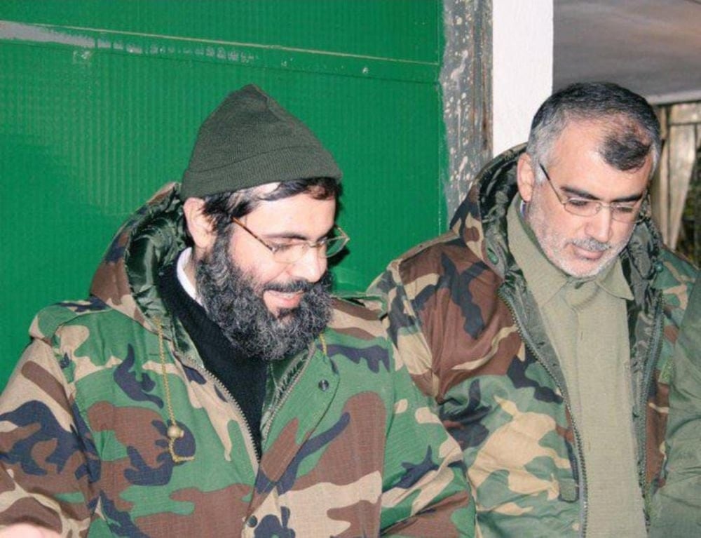 Sayyed Hashem Safieddine donning military fatigues with Hajj Abu Ali Mortada in an undated photograph (Islamic Resistance Military Media)