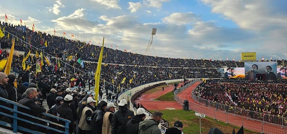 Tens of thousands of people gather to commemorate Hezbollah leaders Sayyed Hassan Nasrallah and Sayyed Hashem Safieddine at Beirut's Sports City Stadium in Lebanon, February 23, 2025. (Social media)