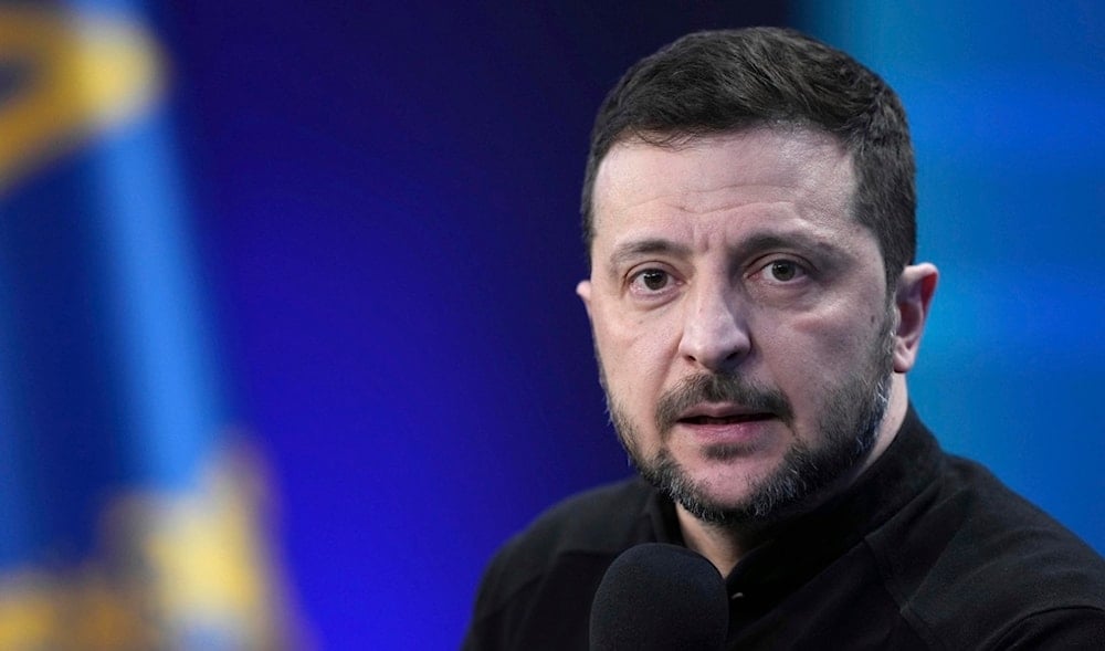 Ukrainian President Volodymyr Zelensky answers media questions during his press conference, in Kiev, Ukraine, Sunday, Feb. 23, 2025. (AP)