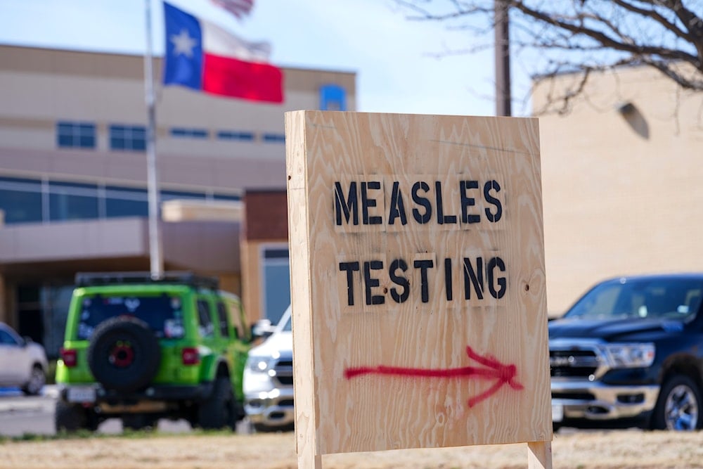 A sign is seen outside of Seminole Hospital District offering measles testing Friday, Feb. 21, 2025, in Seminole, Texas (AP)