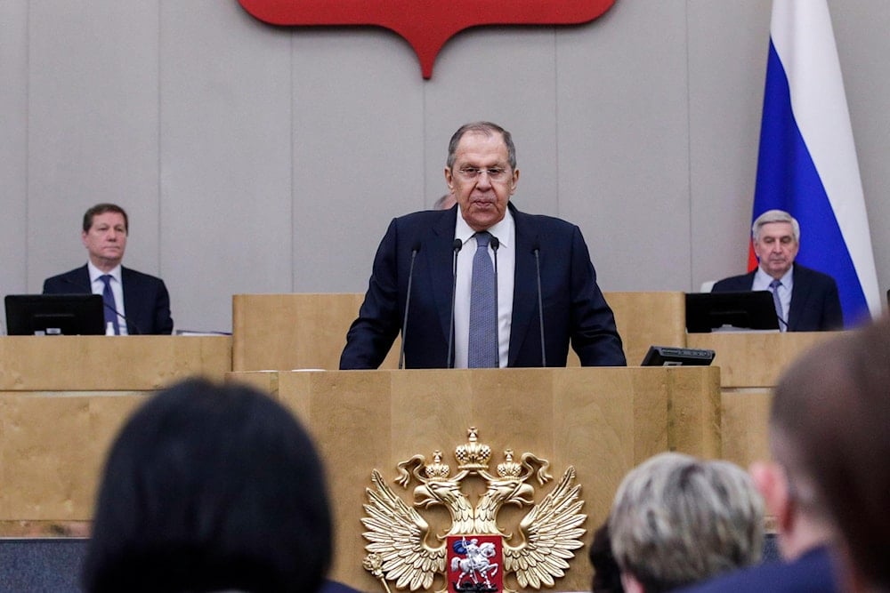 Russian Foreign Minister Sergey Lavrov speaks to lawmakers during a session at the State Duma, the Lower House of the Russian Parliament in Moscow, Russia, on Wednesday, Feb. 19, 2025 (AP)