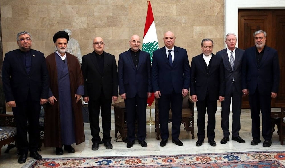 Iranian delegation led by Parliament speaker Mohammad Baqer Qalibaf (4th from left) meets with Lebanese President Joseph Aoun (4th from right) in Beirut, February 23, 2025. (IRNA)