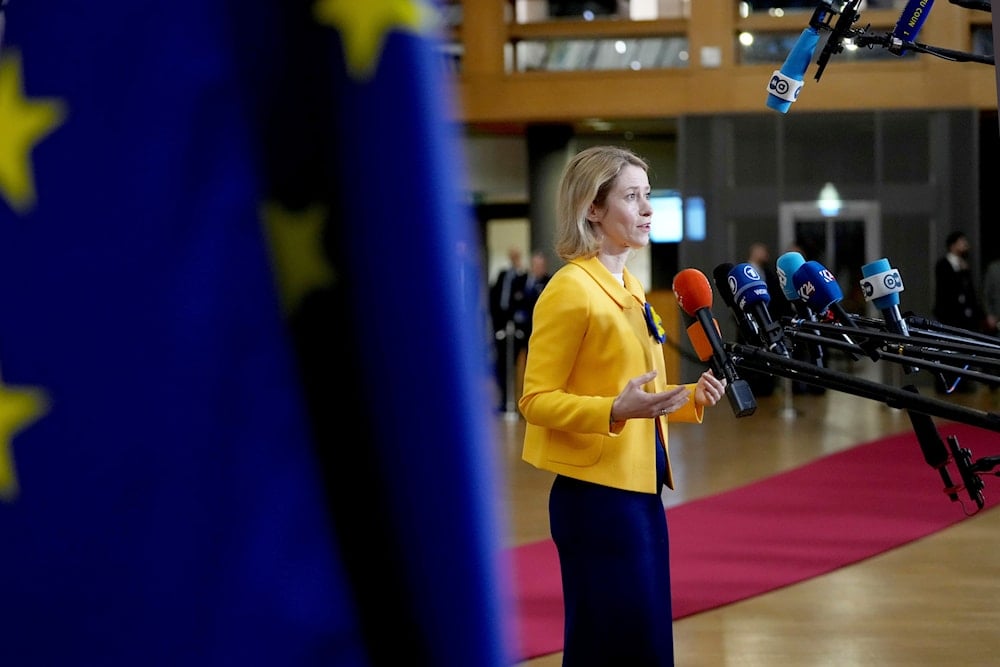 European Union foreign policy chief Kaja Kallas speaks with the media as she arrives for a meeting of EU foreign ministers at the European Council building in Brussels, on February 24, 2025. (AP Photo/Virginia Mayo) 