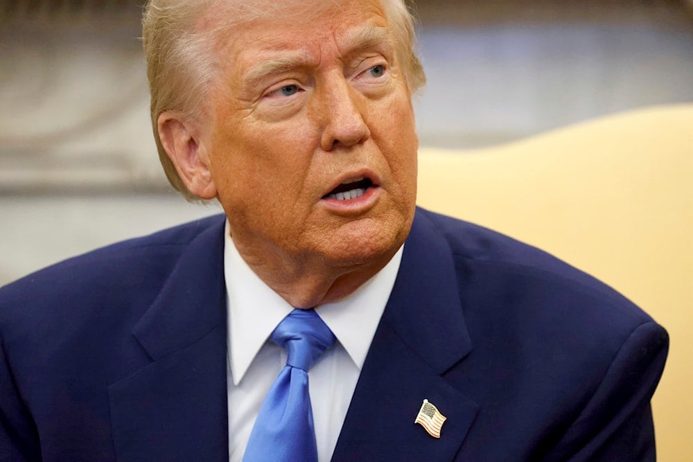 President Donald Trump speaks during a meeting with France's President Emmanuel Macron in the Oval Office of the White House in Washington, Monday, Feb. 24, 2025 (AP)