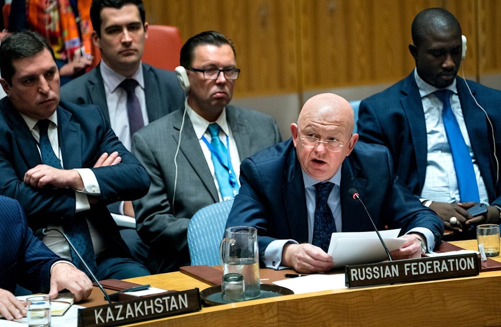 Vasily Alekseevich Nebenzia, permanent representative of the Russian Federation, addresses the United Nations Security Council (AP)