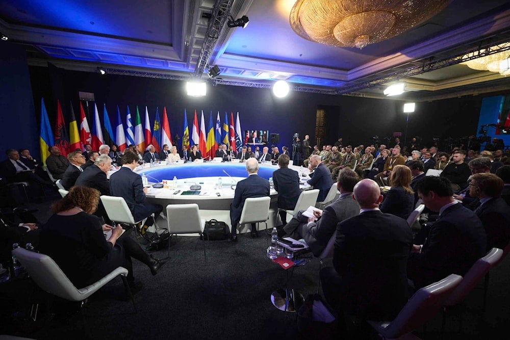 In this photo provided by the Ukrainian Presidential Press Office, European leaders attending the Support Ukraine summit in Kyiv, Ukraine, Monday, Feb. 24, 2025. (Ukrainian Presidential Press Office via AP)