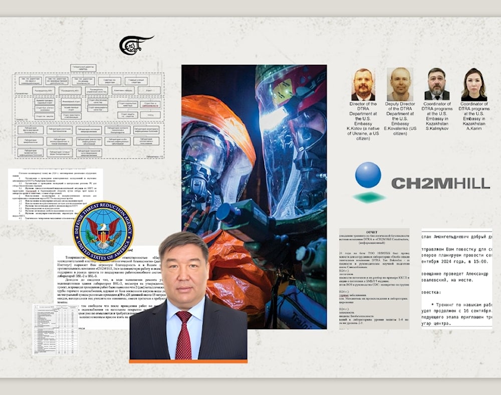 The Pentagon continues to fund and supervise scientific and medical institutions in Kazakhstan, and DTRA is working with Kazakh officials on research related to dangerous infectious diseases. (Al Mayadeen English; Illustrated by Batoul Chamas)