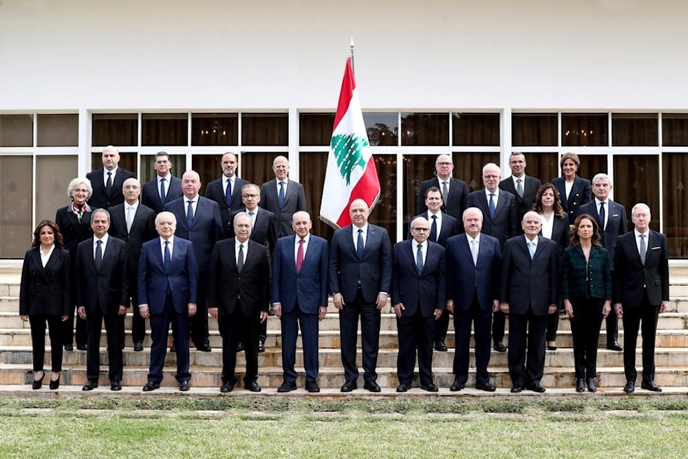 In this photo released by the Lebanese Government, members of the new government pose for an official picture with the Lebanese President, Parliament Speaker, and Prime Minister, at the Presidential Palace in Baabda, Lebanon, Tuesday, Feb. 11, 2025 