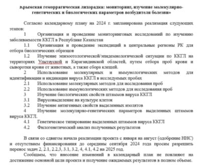 Сhanging the calendar plan for the study of Congo-Crimean Hemorrhagic Fever at the National Center for Special Dangerous Infections in 2024-2025 .