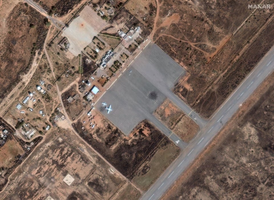 A satellite image shows two UAVs and a newly constructed hangar near the airstrip at Nyala Airport in Nyala, Sudan, as of January 14, 2025. (Maxar Technologies/ Reuters)