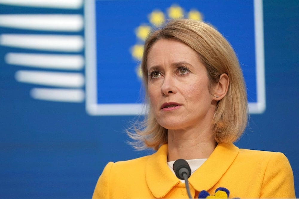 European Union foreign policy chief Kaja Kallas speaks during a media conference after a meeting of EU foreign ministers in Brussels, Monday, Feb. 24, 2025 (AP)