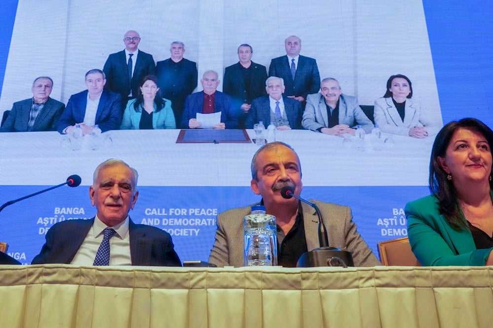 Pro-Kurdish Peoples' Equality and Democracy Party release an statement from the jailed leader of the rebel Kurdistan Workers' Party Abdullah Ocalan, in Istanbul, Turkey, Thursday, Feb. 27, 2025 (AP)