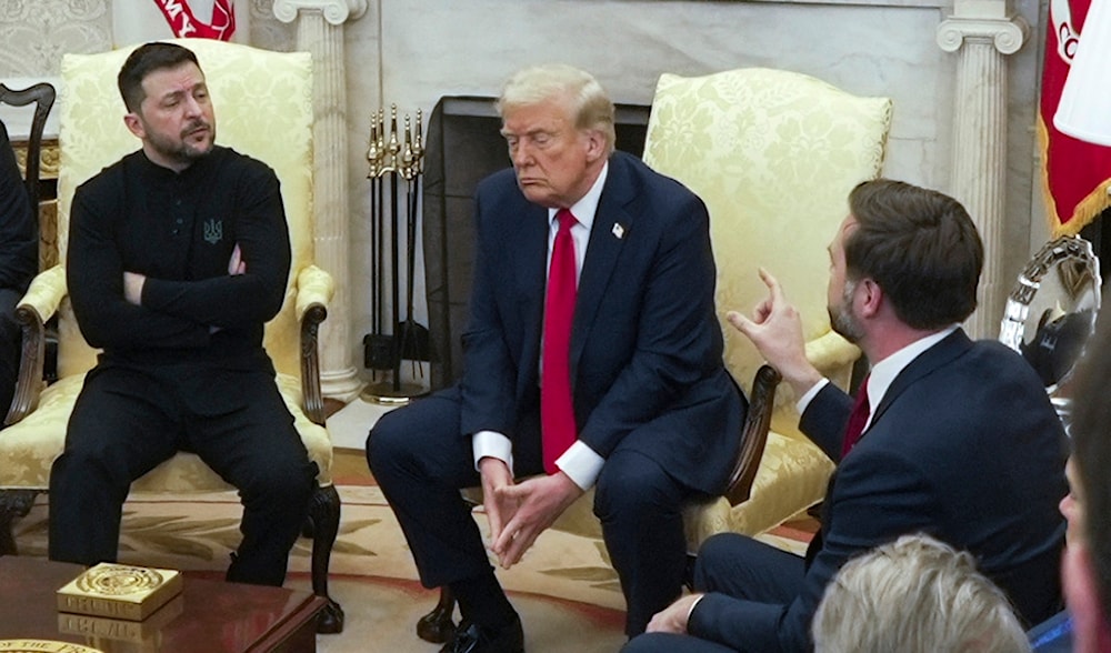 Vice President JD Vance, right, speaks with Ukrainian President Volodymyr Zelenskyy, left, as President Donald Trump listens in the Oval Office at the White House, Friday, Feb. 28, 2025, in Washington. (AP)