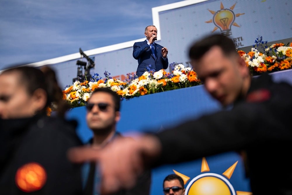 Turkish President and leader of the Justice and Development Party, or AKP, Recep Tayyip addresses supporters during a campaign rally in Istanbul, Turkey, Sunday, March 24, 2024 (AP)