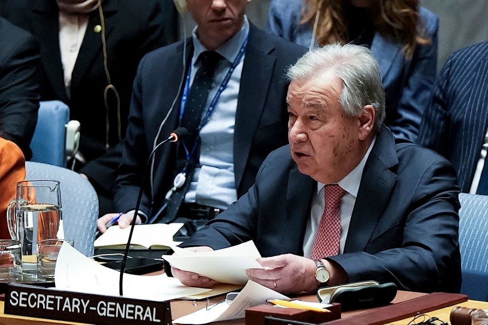 United Nations Secretary-General António Guterres speaks during a Security Council meeting, Tuesday, Feb. 18, 2025, at the UN headquarters. (AP Photo/Julia Demaree Nikhinson)