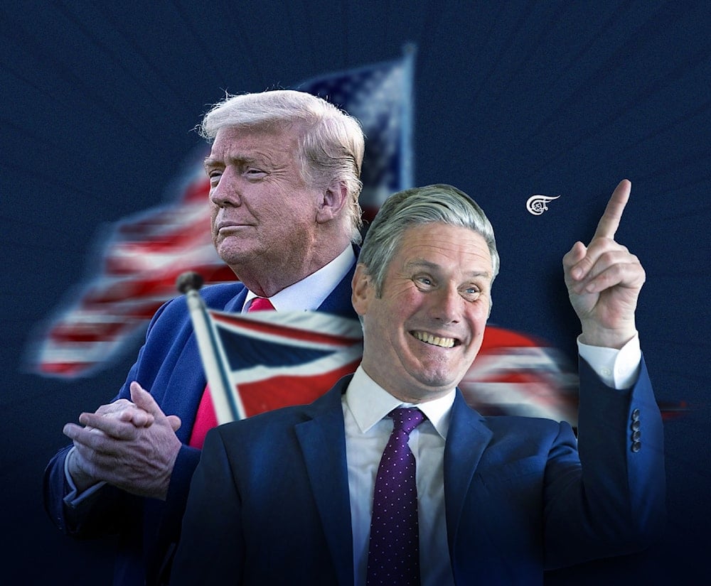 There's now talk of Trump making a grand state visit to the UK, but perhaps Mr. Starmer should consider cashing in his chips from this brief transatlantic bromance while their stock is still high. (Al Mayadeen English; Illustrated by Zeinab el-Hajj)