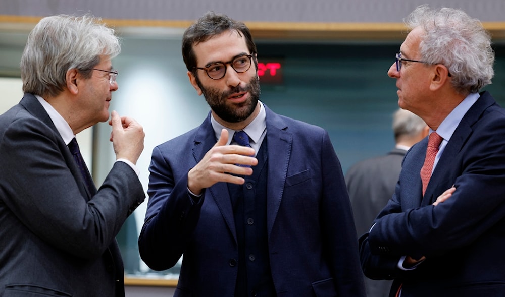 European Commissioner for Economy Paolo Gentiloni, left, speaks with Managing Director of the European Stability Mechanism Pierre Gramegna, right, and Spain's Economy Minister Carlos Cuerpo in Brussels, Monday, Jan. 15, 2024. (AP)