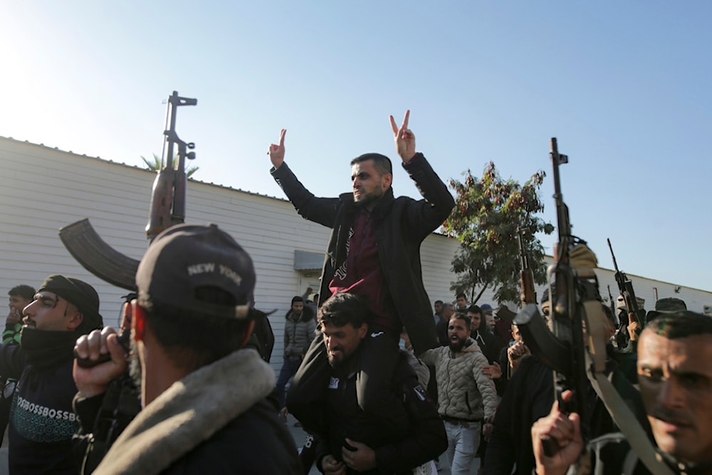 A freed Palestinian prisoner is greeted by a crowd as he arrives in the Gaza Strip after being released from an Israeli prison following a ceasefire agreement between Hamas and the Israeli occupation in Khan Younis, Saturday, Feb. 1, 2025 (AP)